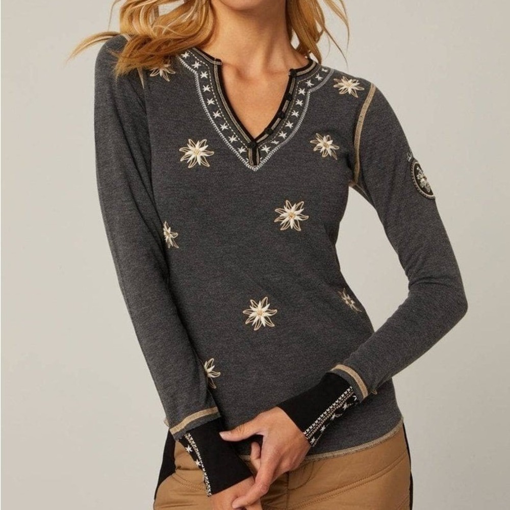 Alp N Rock Natasha Henley Shirt Embroidered Beaded Gray XS Organic‎ Cotton Ski